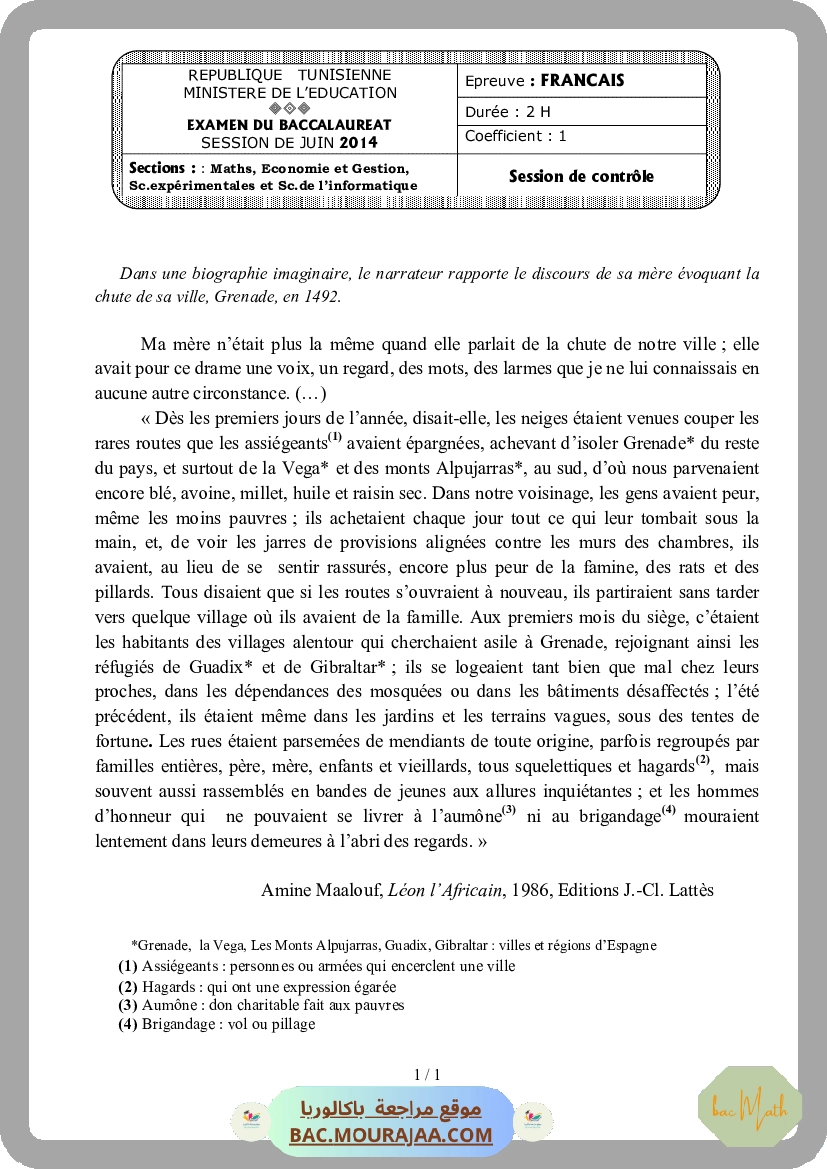 Sujet controle francais Bac 2014 – Section math